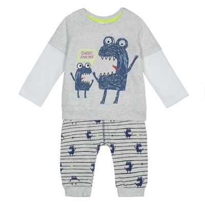 Baby boys' grey 'Daddy and me' monster print top and jogging bottoms set